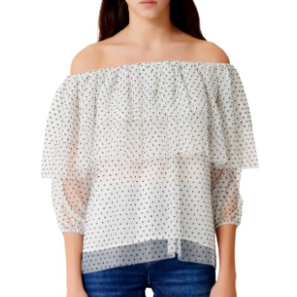 Maje Woman Off-The-Shoulder Tiered Swiss-Dot Tulle Top White Size 2 - Picture 1 of 3